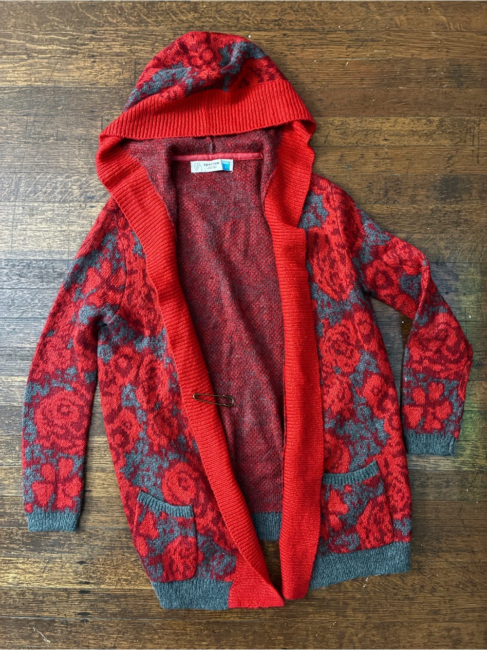 Anthropologie Sparrow Red and Gray Floral Hooded Wool Sweater Cardigan